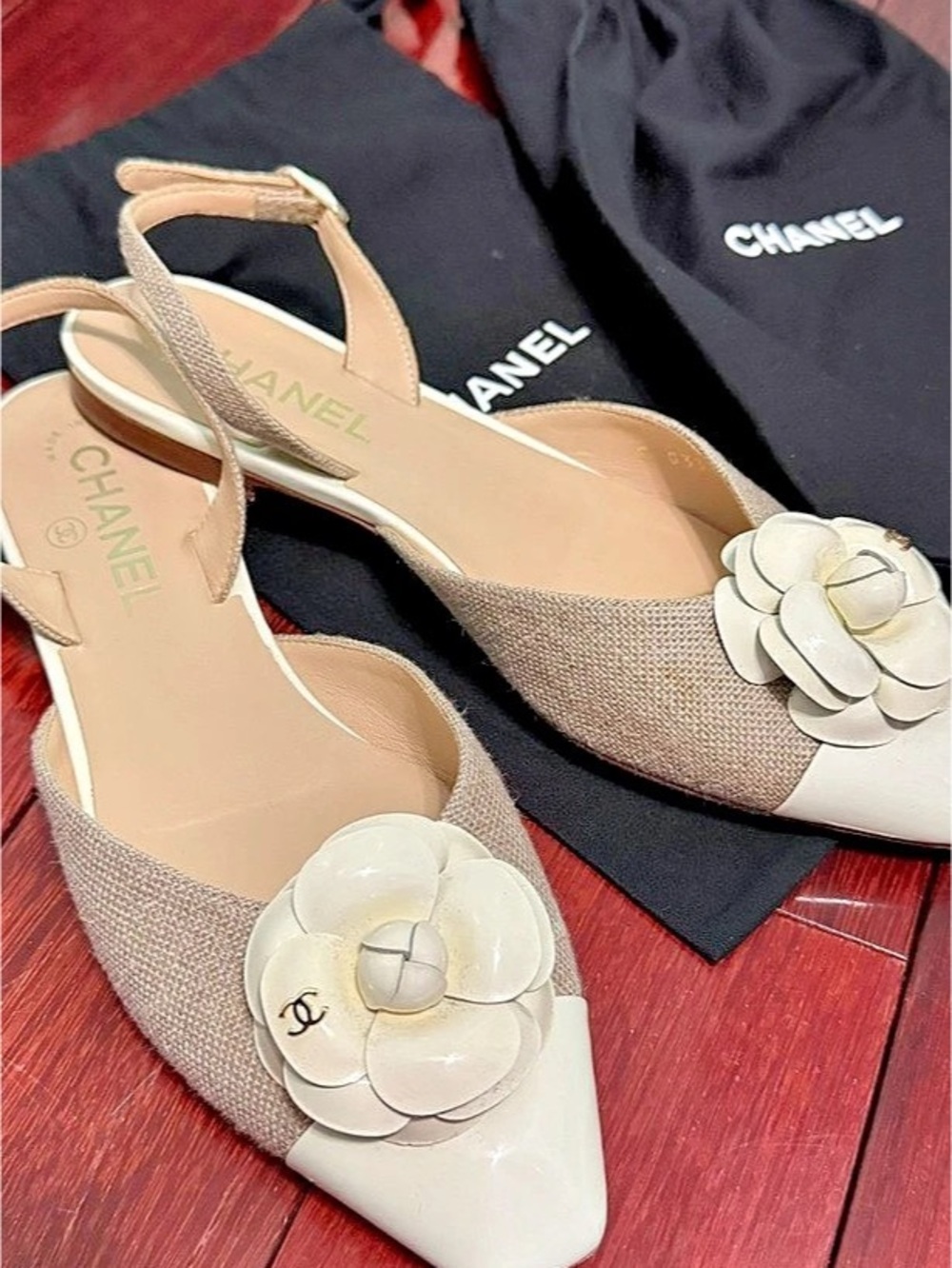 Chanel Tweed Camellia Slingback Flats